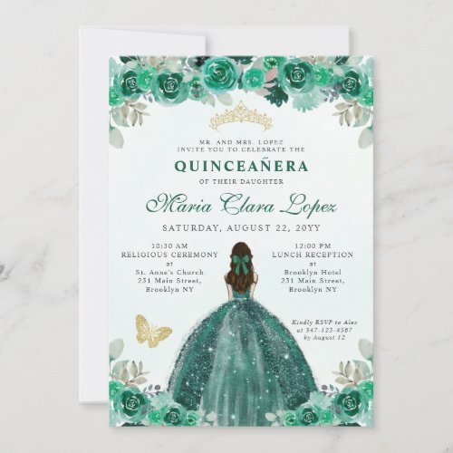 Emerald Green Gold Floral Princess Quinceaera Invitation