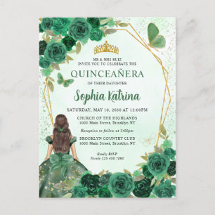 Emerald Green Gold Floral Princess Quinceañera Invitation Postcard