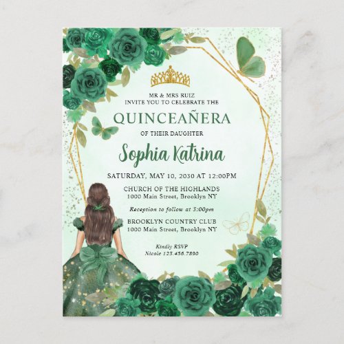 Emerald Green Gold Floral Princess Quinceaera Invitation Postcard