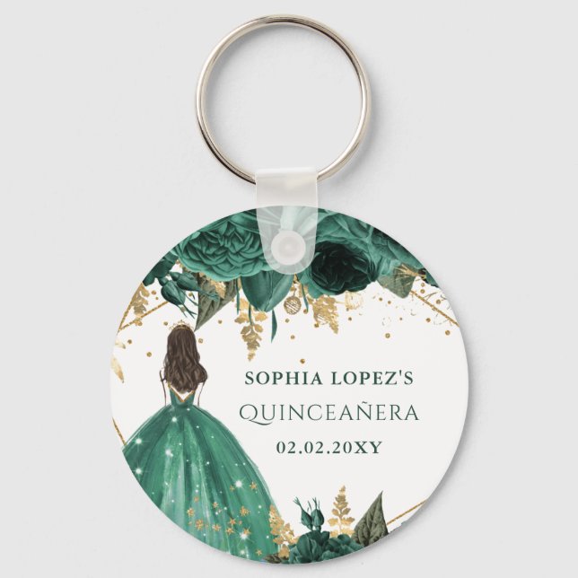 Emerald Green Gold Floral Princess Quinceanera  Keychain (Front)