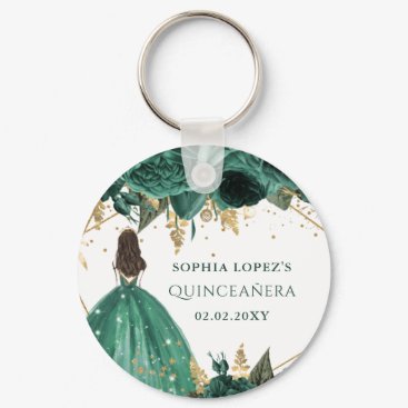 Emerald Green Gold Floral Princess Quinceanera  Keychain