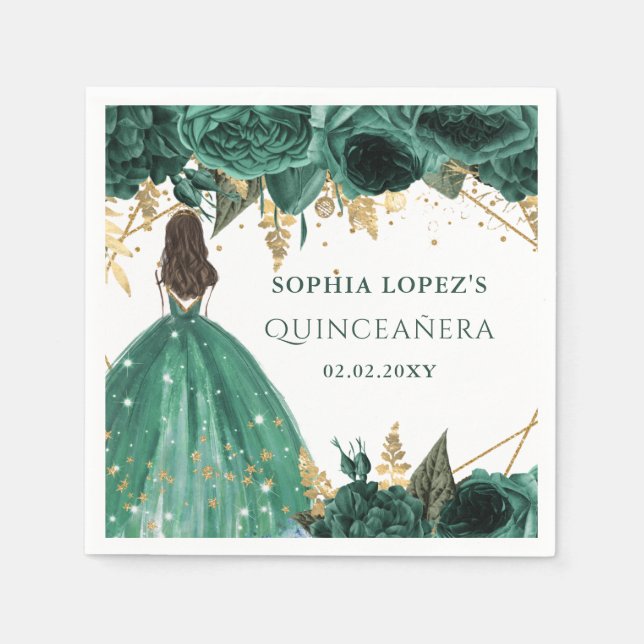 Emerald Green Gold Floral Princess Quinceanera  Napkins (Front)