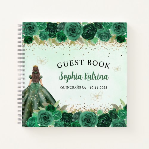 Emerald Green Gold Floral Princess Quinceaera Notebook