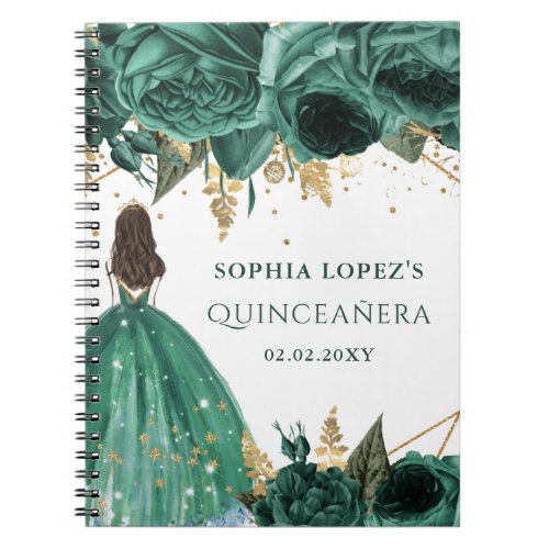 Emerald Green Gold Floral Princess Quinceanera    Notebook