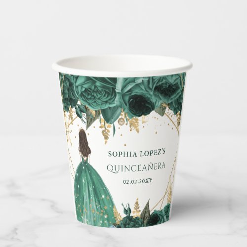 Emerald Green Gold Floral Princess Quinceanera Paper Cups