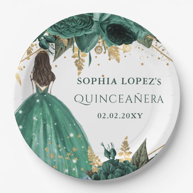 Emerald Green Gold Floral Princess Quinceanera  Paper Plates (Front)