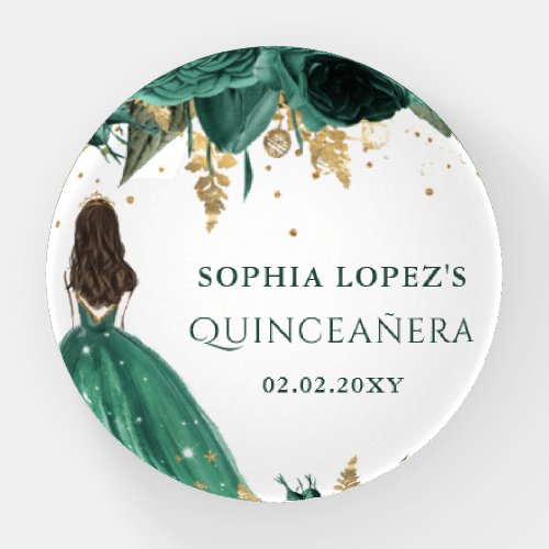 Emerald Green Gold Floral Princess Quinceanera    Paperweight