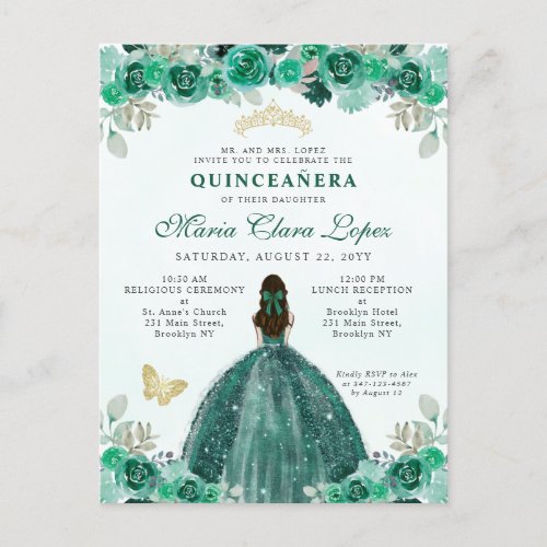 Emerald Green Gold Floral Princess Quinceaera Postcard