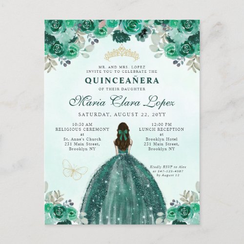 Emerald Green Gold Floral Princess Quinceaera Postcard