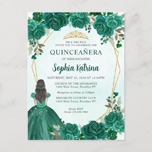 Emerald Green Gold Floral Princess Quinceaera Postcard