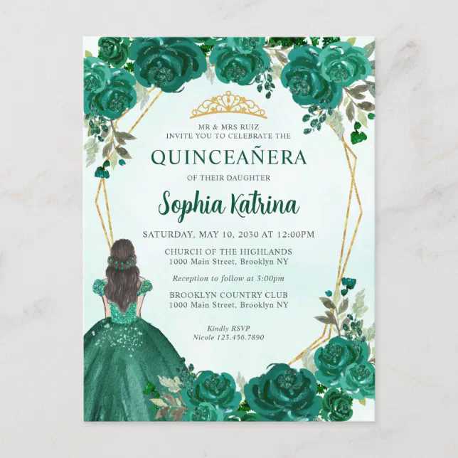 Emerald Green Gold Floral Princess Quinceañera Postcard | Zazzle