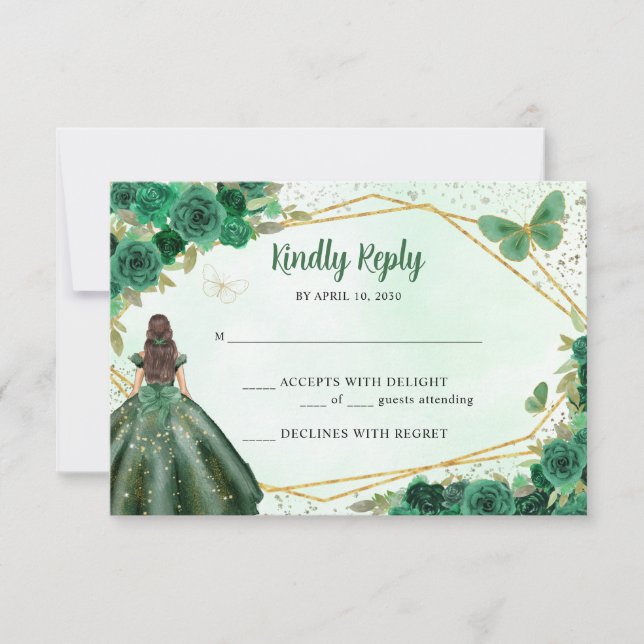 Emerald Green Gold Floral Princess Quinceañera RSVP Card (Front)