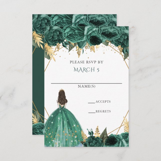 Emerald Green Gold Floral Princess Quinceanera RSVP Card (Front/Back)