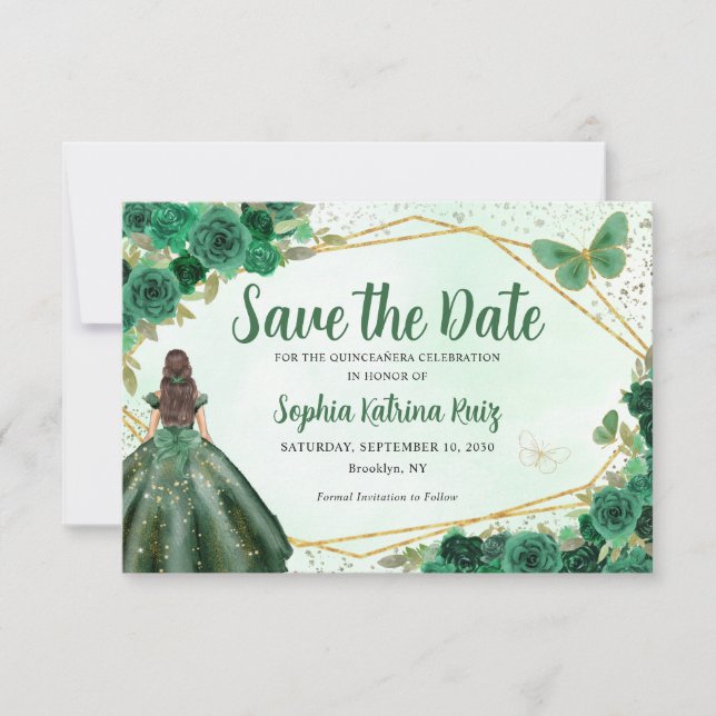 Emerald Green Gold Floral Princess Quinceañera Save The Date (Front)