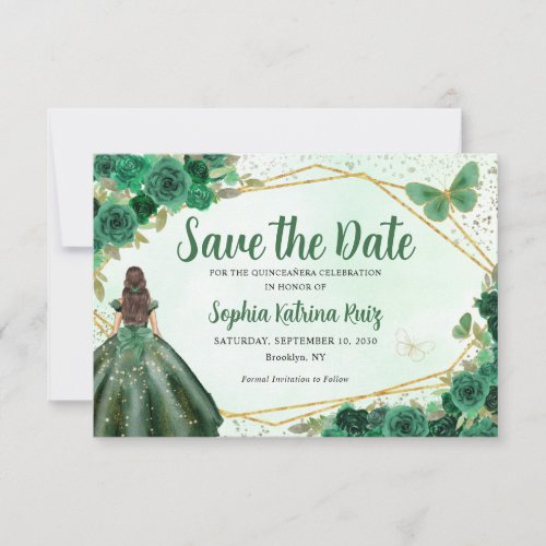 Emerald Green Gold Floral Princess Quinceaera Save The Date