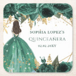 Emerald Green Gold Floral Princess Quinceanera Square Paper Coaster at Zazzle