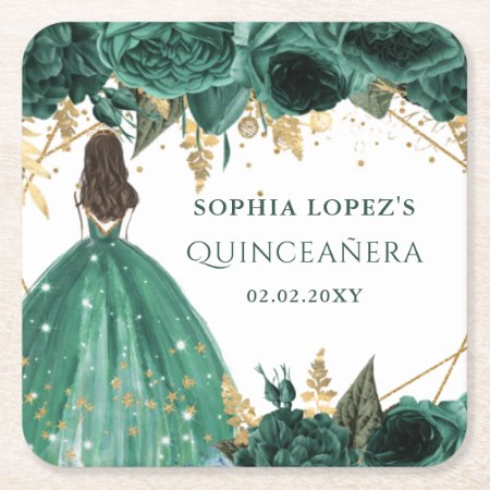 Emerald Green Gold Floral Princess Quinceanera Square Paper Coaster