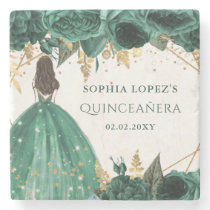 Emerald Green Gold Floral Princess Quinceanera   Stone Coaster