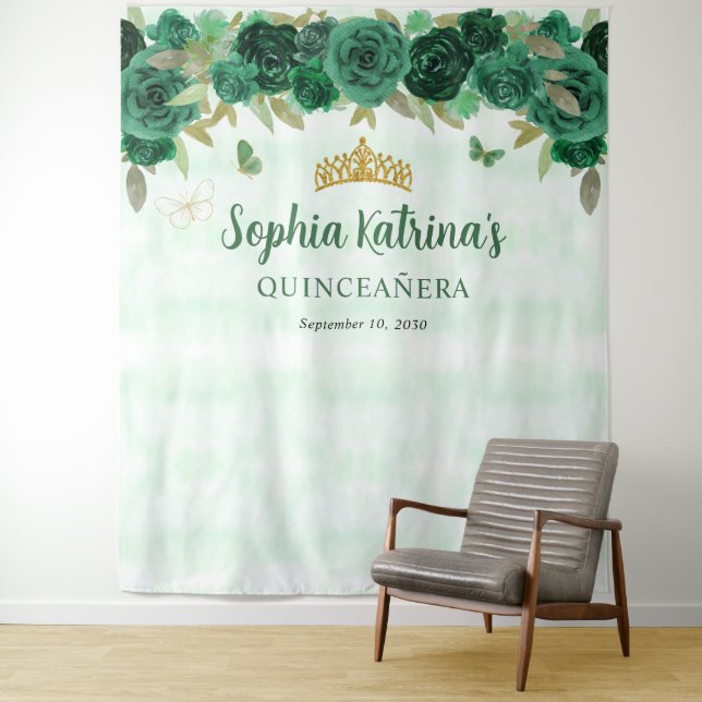 Emerald Green Gold Floral Princess Quinceañera Tapestry (In Situ)