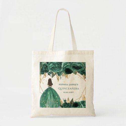 Emerald Green Gold Floral Princess Quinceanera   Tote Bag