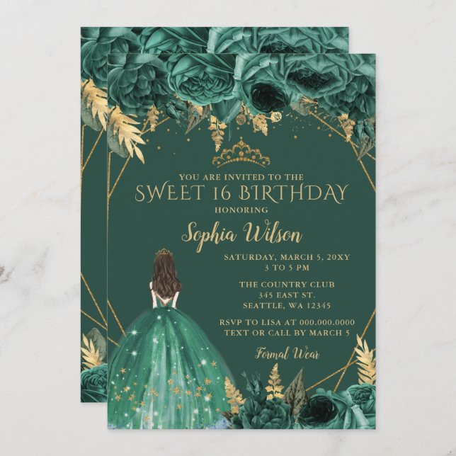 Emerald Green Gold Floral Princess Sweet 16 Invitation (Front/Back)