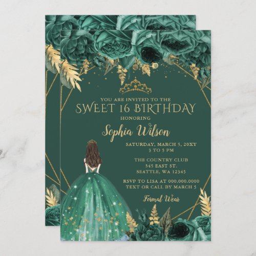 Emerald Green Gold Floral Princess Sweet 16 Invitation