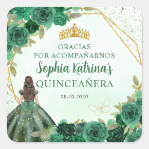 Emerald Green Gold Floral Princess Tiara Thank You Square Sticker