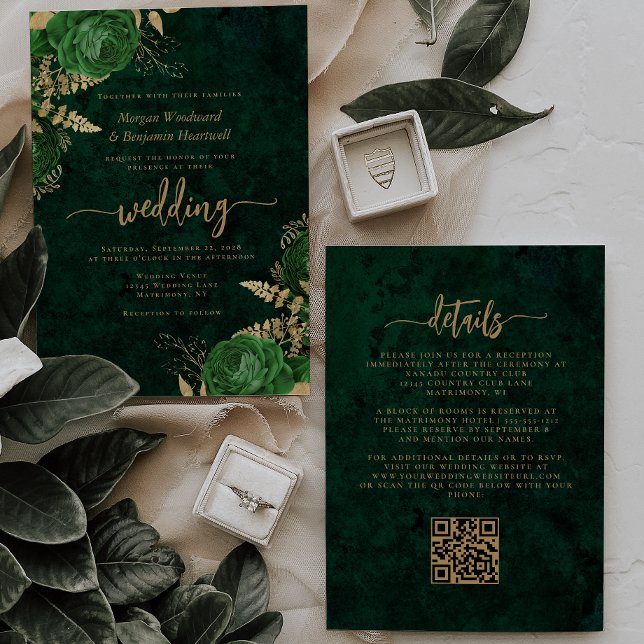 Emerald Green Gold Floral QR Code Wedding Invitation (Creator Uploaded)