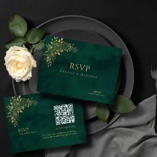 Emerald Green Gold Floral QR code Wedding RSVP Enclosure Card