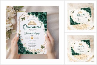 Emerald Green Gold Floral Quinceanera