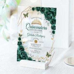 Emerald Green Gold Floral Quinceanera Acrylic Invitations