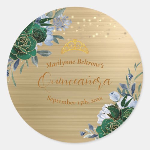 Emerald Green Gold Floral Quinceaera Classic Round Sticker