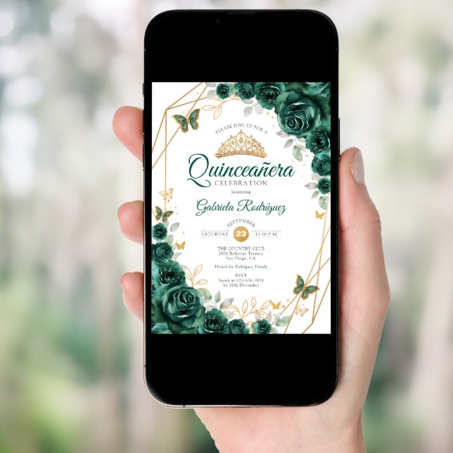 Emerald Green Gold Floral Quinceanera Invitation (Front Digital)
