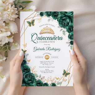 Emerald Green Gold Floral Quinceanera Invitation