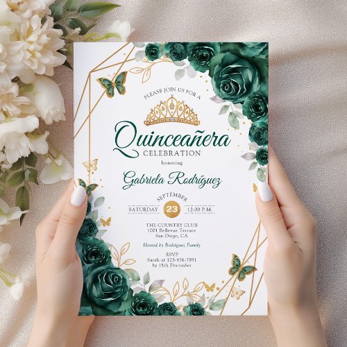 Emerald Green Gold Floral Quinceanera Invitation