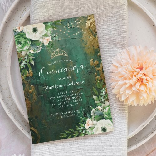 Emerald Green Gold Floral Quinceaera Invitation