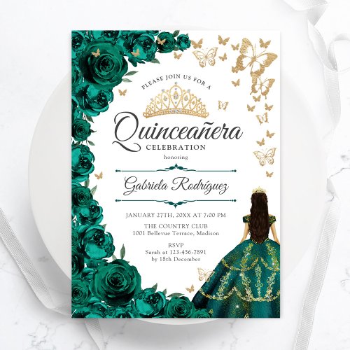 Emerald Green Gold Floral Quinceanera Invitation