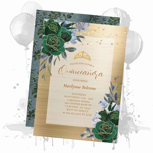 Emerald Green Gold Floral Quinceañera Invitation (Creator Uploaded)