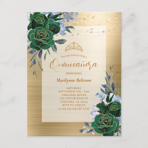 Emerald Green Gold Floral Quinceaera Postcard