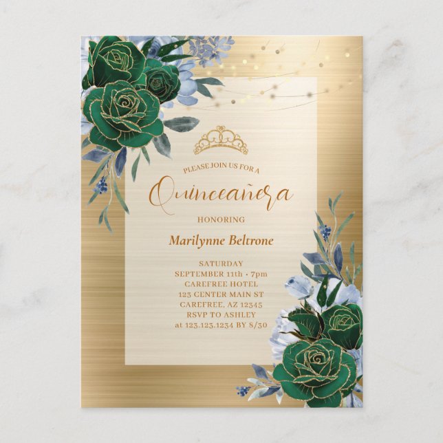 Emerald Green Gold Floral Quinceañera Postcard (Front)