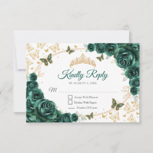 Emerald Green Gold Floral Quinceanera Reply RSVP Card