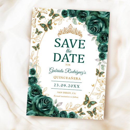 Emerald Green Gold Floral Quinceanera Save The Date