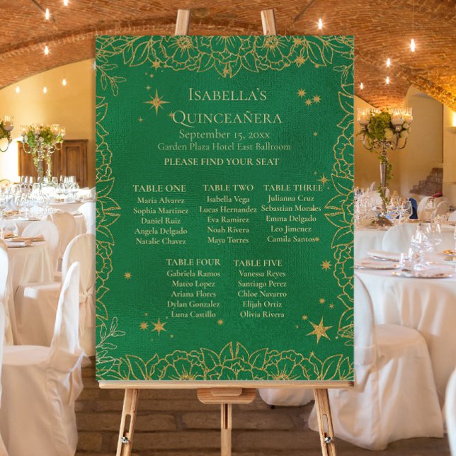 Emerald Green Gold Floral Quinceañera Seating Foam Board (Emerald green and gold Quinceañera seating chart)