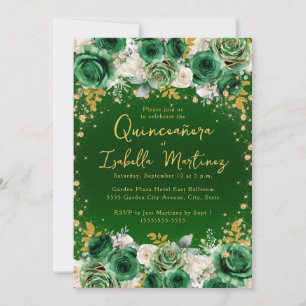 Emerald Green Gold Floral Quinceañera Sweet 15 Invitation