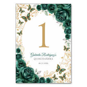 Emerald Green Gold Floral Quinceanera Table Number