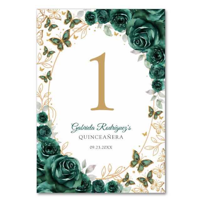 Emerald Green Gold Floral Quinceanera Table Number (Front)