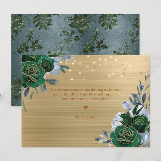 Emerald Green Gold Floral Quinceañera Thankyou Note Card (Front/Back)