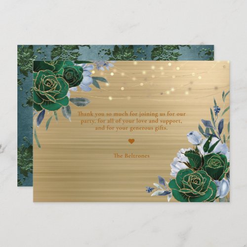 Emerald Green Gold Floral Quinceaera Thankyou Note Card