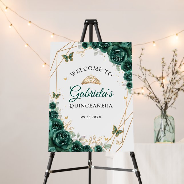 Emerald Green Gold Floral Quinceanera Welcome Foam Board (In Situ (Stand))