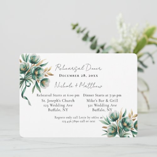 Emerald Green & Gold Floral Rehearsal Dinner